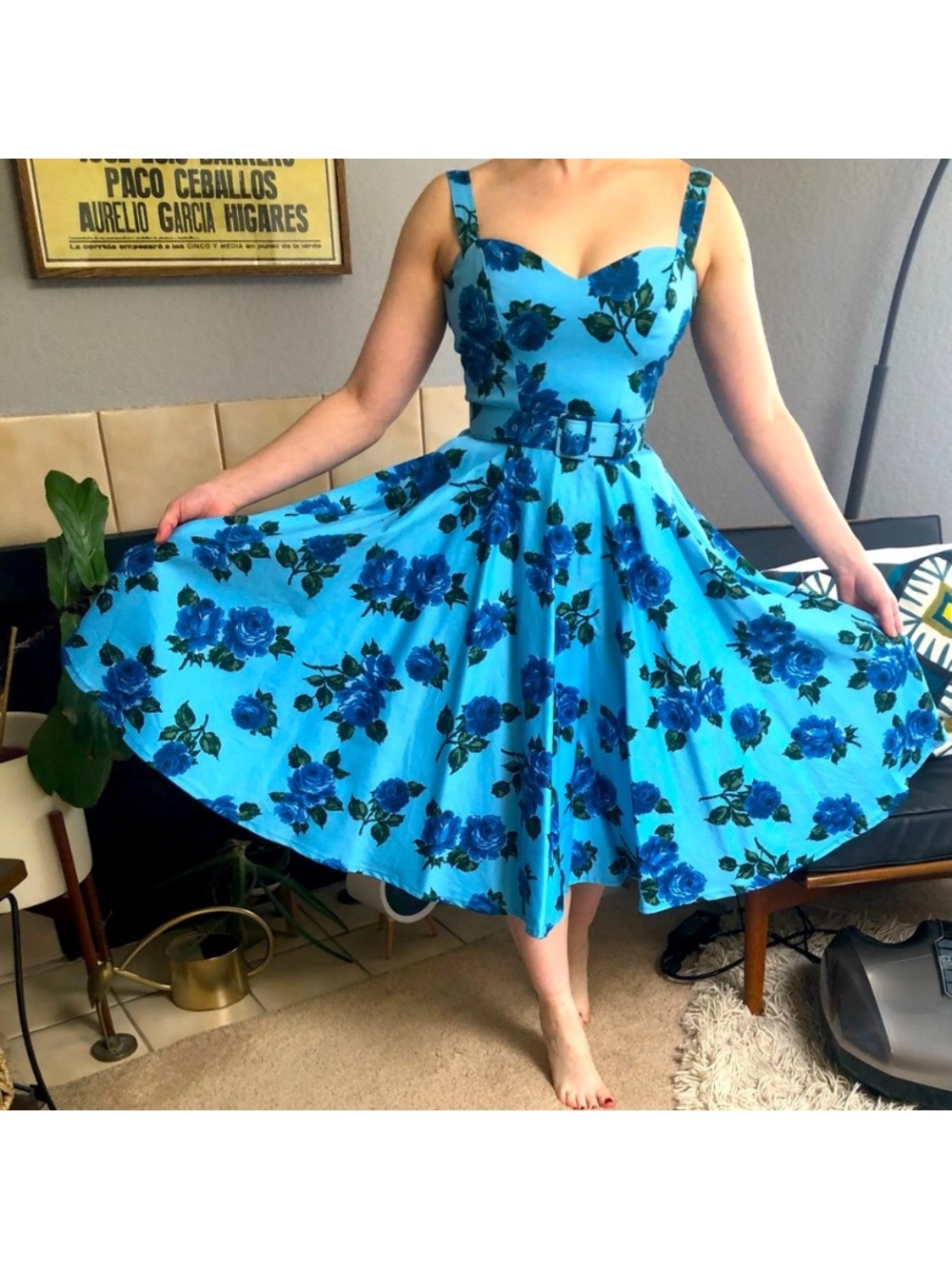 Vixen by Micheline Pitt Turquoise Blue Rose Fit-and-Flare Midi Dress with Belt